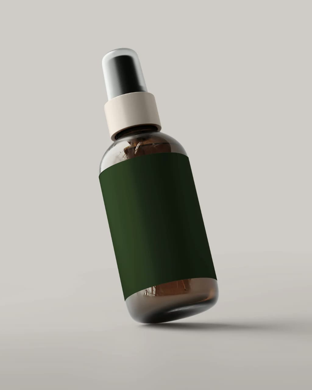 Runevia lotion in an amber bottle with a deep green label, photographed on a soft grey background