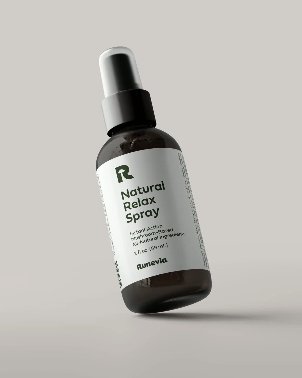 Runevia Natural Relax Spray in an amber bottle with a white label, photographed on a soft grey background