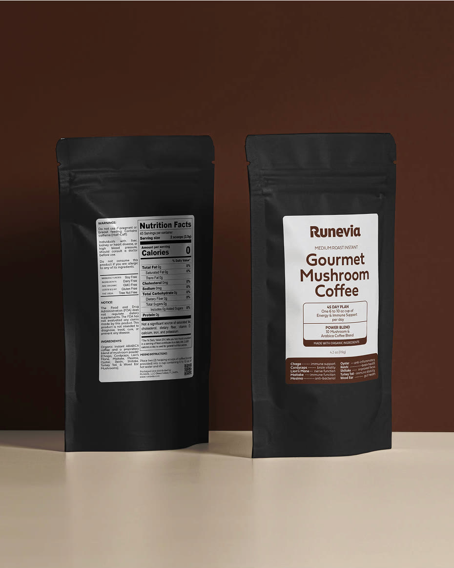 Two pouches of Runevia Gourmet Mushroom Coffee, front and back, on a warm brown background