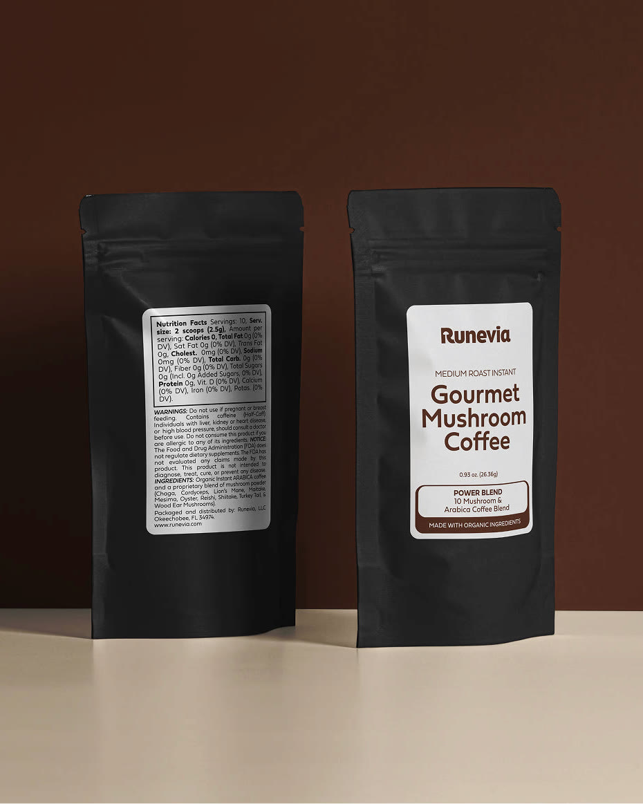 Two pouches of Runevia Gourmet Mushroom Coffee, front and back, on a warm brown background