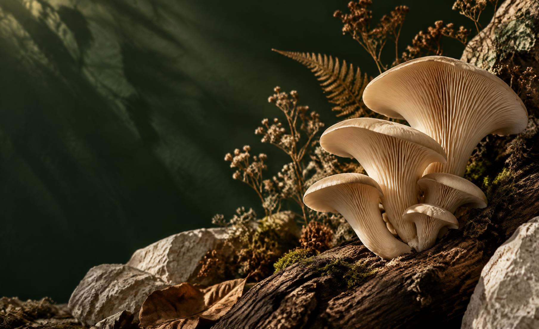 Oyster mushrooms among natural wood and botanical materials