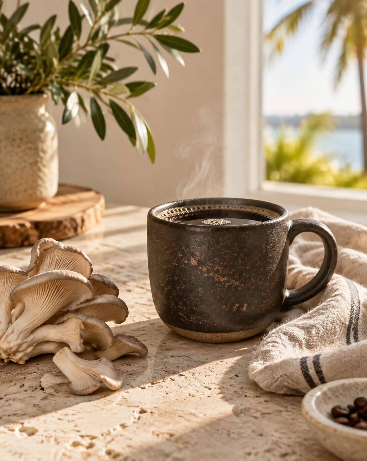 A ceramic cup of coffee in warm morning light