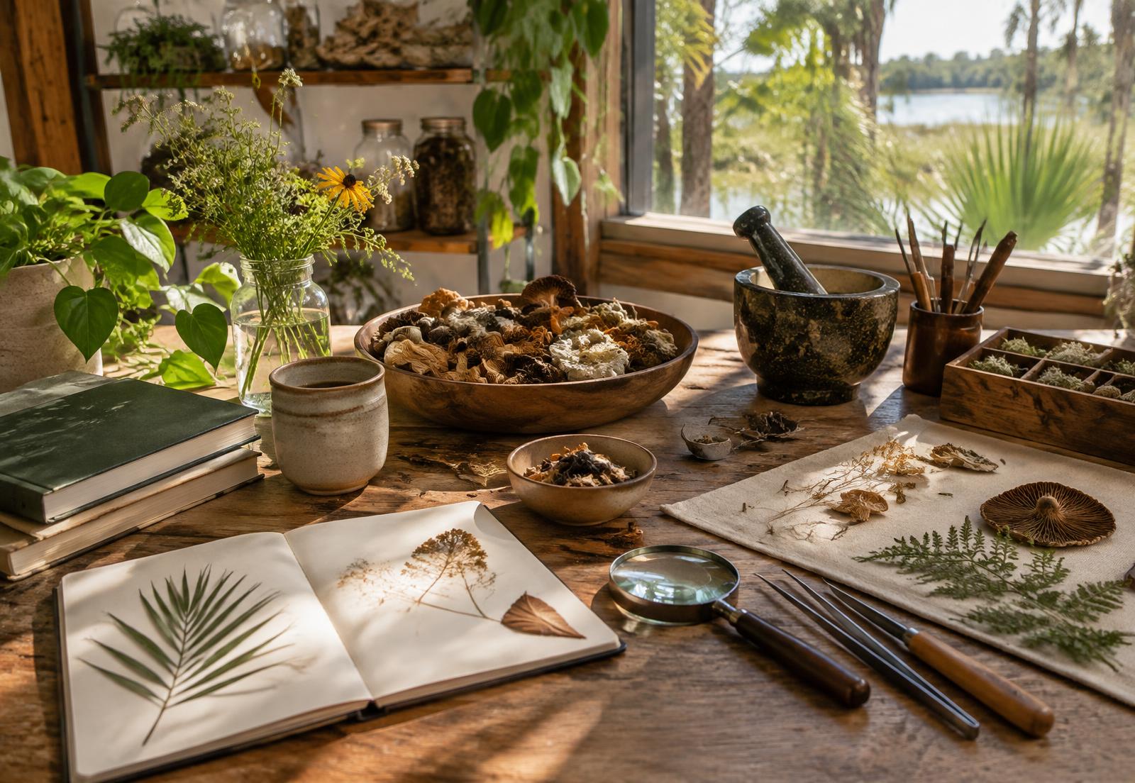 A sunlit botanical workspace representing small-business craft